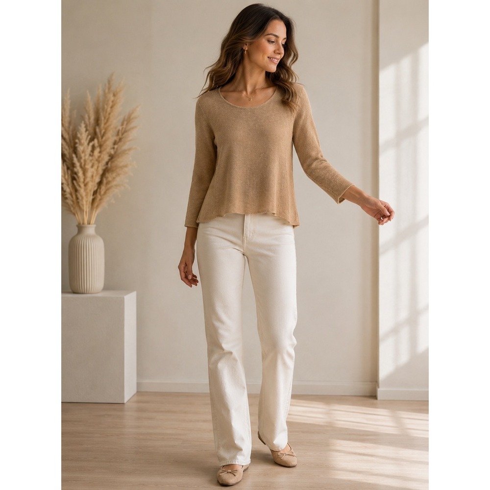 Avalin Womens Tan 100% Cotton Knit Scoop Neck 3/4 Sleeve Cozy Fall Sweater OS
